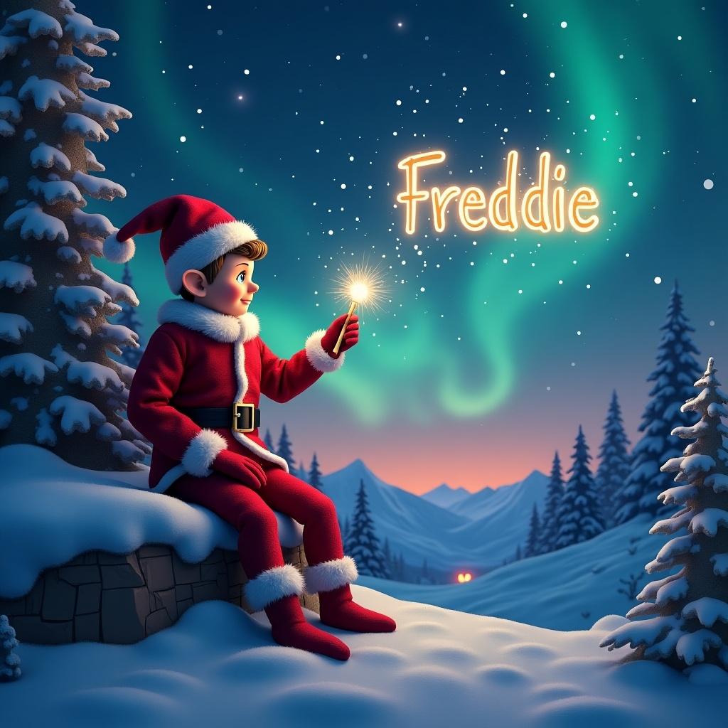 A traditional red elf is positioned in the snowy mountains of the North Pole. The elf is writing with a magic wand, illuminating the name 'Freddie' in the night sky. Above, the stars twinkle alongside vibrant northern lights. The landscape features deep snow and towering pine trees under a starry night. This captures a magical, wintry scene associated with holiday traditions.