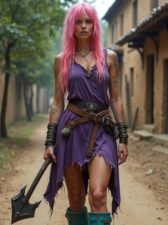 Fierce female warrior with long pink hair stands on dirt road in medieval village. Tattered sleeveless purple dress with jagged edges. Brown belt at waist. Arms and legs have fresh scratches and dirt. Holds medieval mace and wears tall teal boots. Rustic setting surrounded by trees and old mud-brick building. Cinematic lighting creates dramatic atmosphere in fantasy realism style.