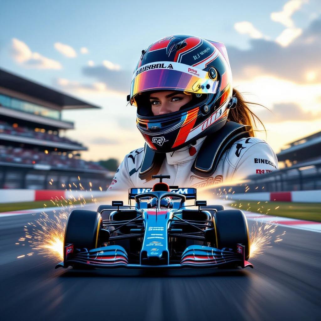 Female Formula 1 driver. Sleek racing helmet. Ultra-modern F1 car. Speed on a futuristic racetrack. Aerodynamic bodywork. Spark flying undercarriage. Low-angle shot. High-speed motion blur. Glossy textures. Hyper-realistic reflections. Dusk atmosphere. Intense expression in helmet visor. Power and precision in harmony.