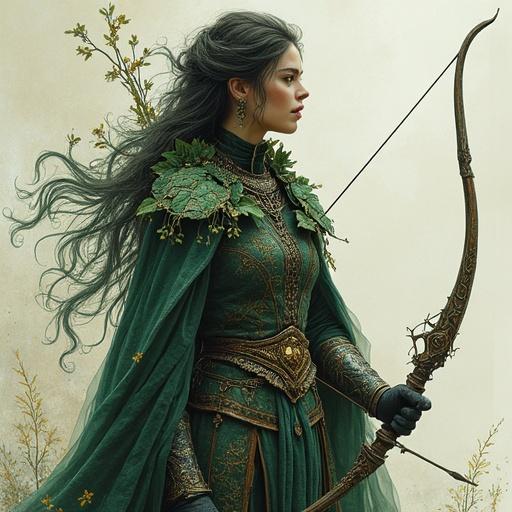 A warrior-poet merges druid magic and shadow dancing. A powerful figure blends elven mystique and primal energy. Surrounded by ethereal colors and Gothic motifs. Drawing a longbow infused with magic. Clothing features intricate embroidery and ancient motifs. The background evokes decaying opulence and rich folklore. Lighting contrasts shadows with vibrant spell energy.