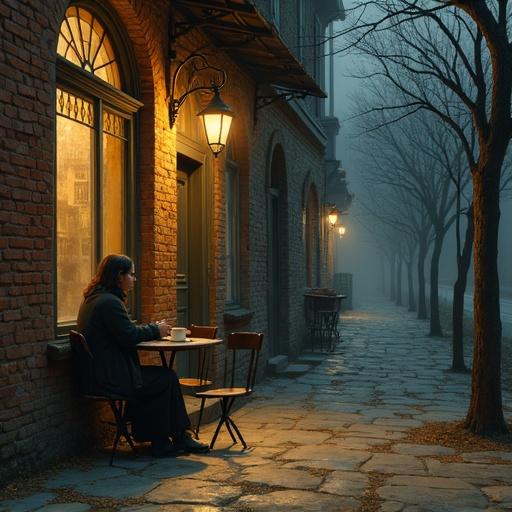 The image depicts a deserted old street with ancient stone pavement meeting a quiet void. Dimly lit street lamps cast shadows. An empty café with dilapidated red brick walls hues of soft light reflects from stained glass windows. A partially opened door adds mystery. Three tables with two chairs each set outside. A young woman in a dark dress engages with a middle-aged man wearing a cardigan. Their conversation is marked by silence, with a cup of cold coffee on the table.