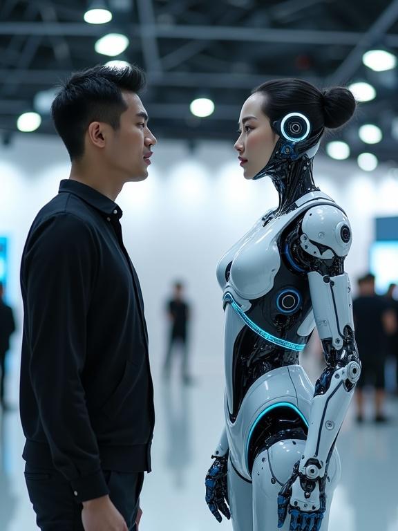 A humanoid female robot on display at a tech exhibition. The robot has realistic skin and expressive eyes. A man gazes at her in amazement. The background features digital signage and onlookers. Both figures are almost the same height. The robot is elegantly designed with glowing accents.
