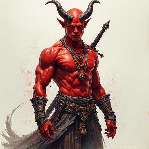A 2.5D pen sketch of a male tiefling with red skin and two short horns. Character wears charms and chainmail, holding a long sword. Displays an intense expression. The sketch uses colored pen style with visible pencil strokes and paper texture. Features matte shading and non-photorealistic style. Soft cel shading and lighting applied, with stylized depth of field and artistic shading, incorporating elements from Arcane and Klaus styles.