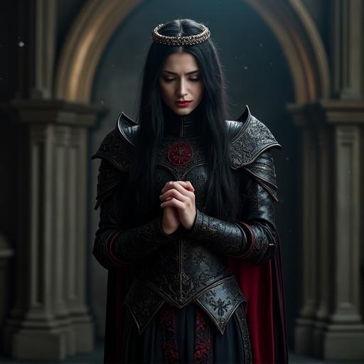 A young woman stands nervously in a dark throne room. She wears detailed black gothic armor with crimson embroidery and a crescent moon crown. Her head is bowed with a shy smile and flowing black hair. She fidgets with her fingers, displaying precise hand anatomy. Magical particles float around her, lit by soft moonlight. Full-body shot with realistic lighting and expression.