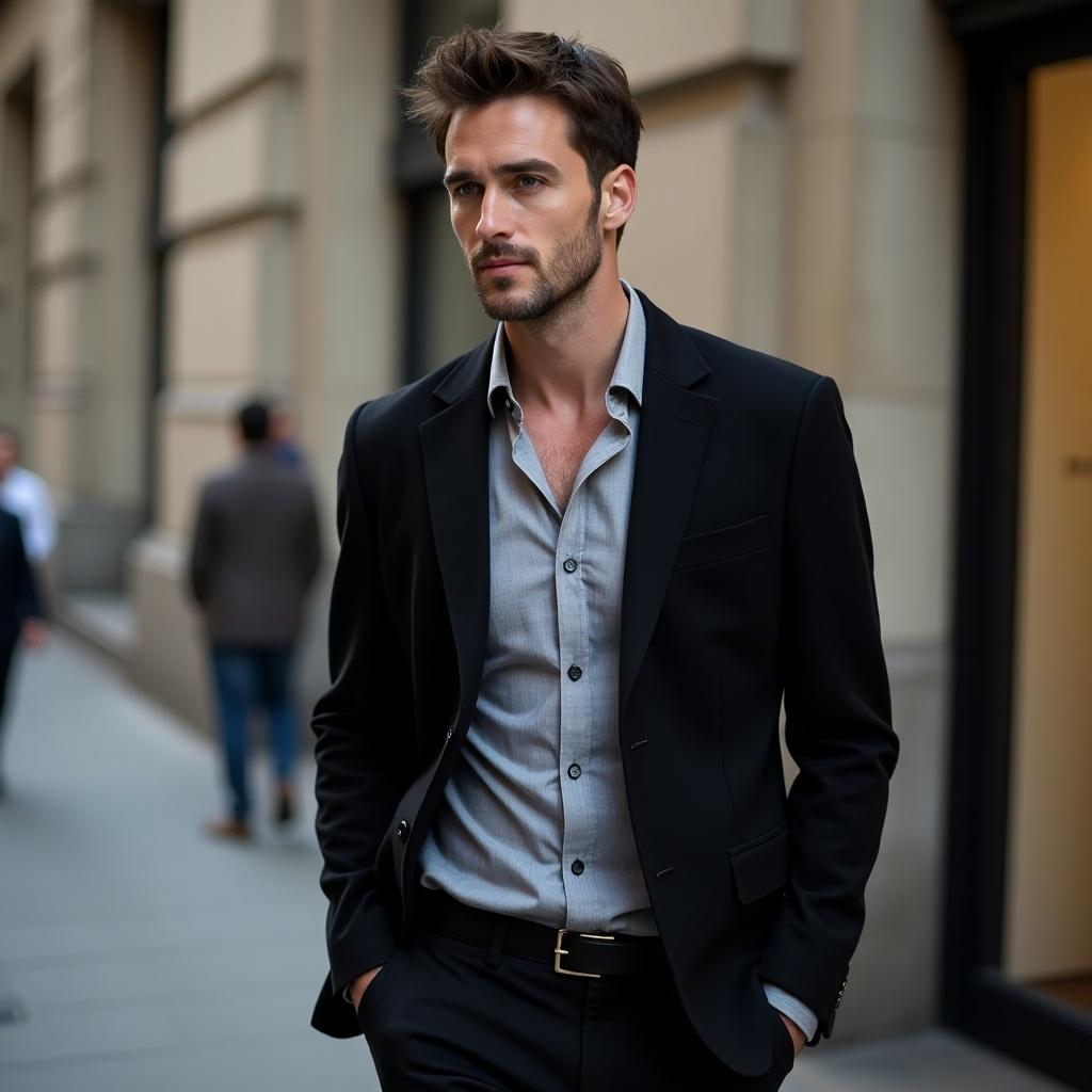 A handsome man showcases striking features with short dark brown wavy hair and bright blue eyes. He wears a stylish black jacket over a light gray shirt and tailored trousers. The scene captures his confident stride in an urban setting.