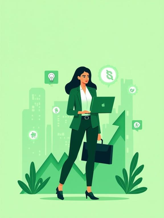 A female business professional stands confidently with a laptop and briefcase. Rising graphs and startup icons surround her. Illustration features only shades of green. Urban theme with minimalistic style. Empowering atmosphere.