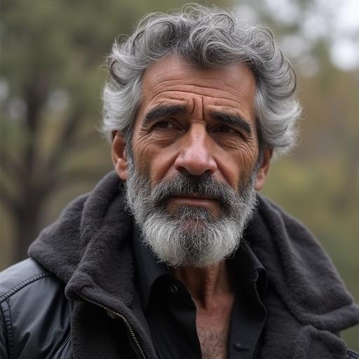 Image related to Kurban Bayramı. Outdoor portrait of a man with gray hair wearing a black jacket. Background is blurred with natural colors.