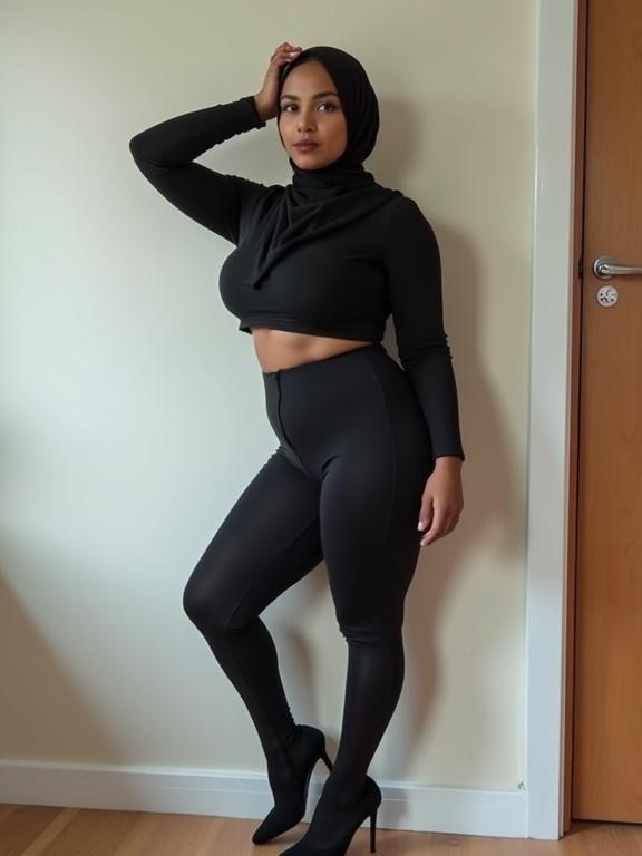 Model wearing a black bodysuit and high heels. Confident pose with hand on head. Standing against a wall, looking at the viewer.