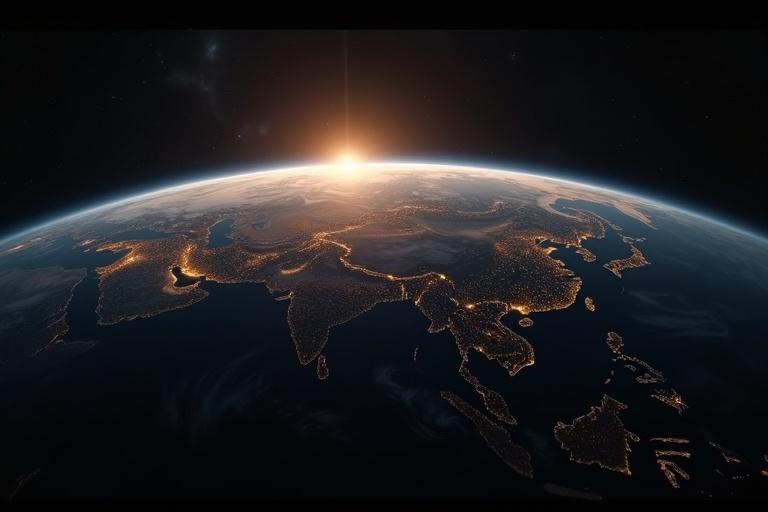 Cinematic shot of Earth from outer space Shows half of planet illuminated by the Sun Detailed continent outlines and glowing city lights Visible weather patterns and atmospheric glow Wide-angle perspective highlighting planet's curvature Lens flare from Sun slightly outside frame Deep blue oceans and sparkling city lights No spacecraft visible
