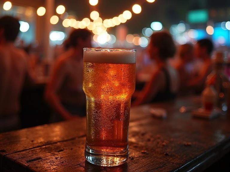 A glass of beer sits on a wooden bar with soft warm lights behind it. The atmosphere is lively and celebratory with blurred silhouettes of people in the background. The focus is on the beer, which has bubbles and foam, creating a refreshing look.