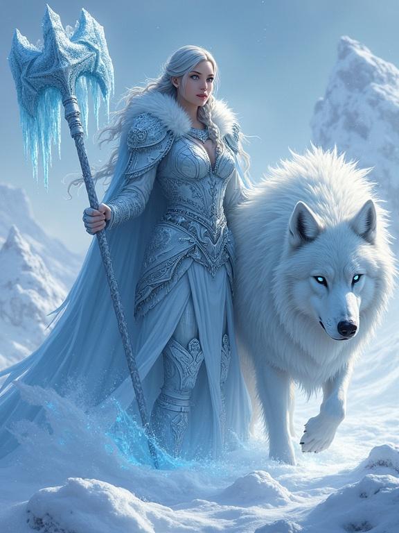 A female warrior of ice. She emerges from frozen tundras. Clad in glistening armor made from enchanted permafrost. Braided silver hair carries chill. Breath fogs the air. Ice-blue eyes shine with determination. Wields a frost-encrusted warhammer. A spectral wolf stalks beside her. Wolf is composed of swirling snow and ice. Wherever she treads, frost blooms. Whispers of fallen warriors drift on the icy wind.
