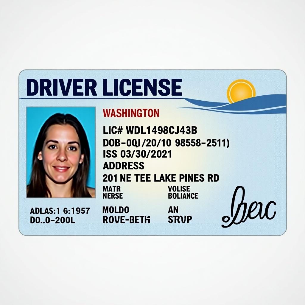 Generate a driver license with necessary information in Washington. Include details like license number, date of birth, address, height, and weight. Add identification features.