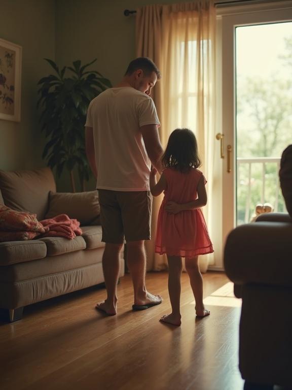 Girl with her father in living room. The image is low resolution with pixelation and compression artifacts. Bright, unnatural colors provide an oversaturated aesthetic.