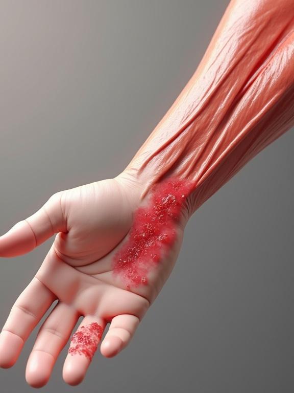A 3D medical diagram shows a forearm wound. Skin cut reveals muscle. Detailed textures of the arm. Focus on injury.