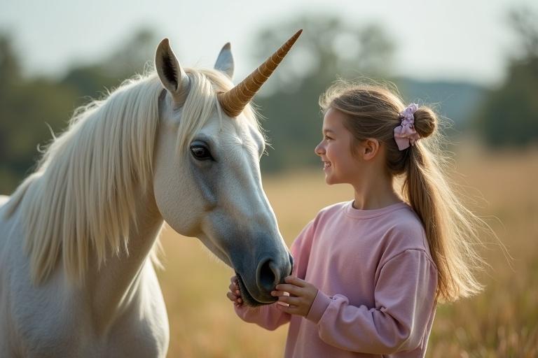 A girl enjoying a moment with a unicorn in a serene setting. The scene captures magical elements and childhood joy. The girl smiles while touching the unicorn's nose.