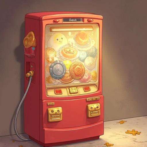A red gashapon vending machine sits against a muted wall. The machine glows warmly. Inside are various colorful capsules. Some capsules are open. On the ground, yellow puzzle pieces scatter around.