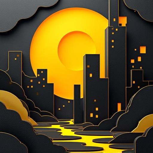 Thick layered papercut art using black and yellow colors. Features layered buildings and a large yellow sun in the background.