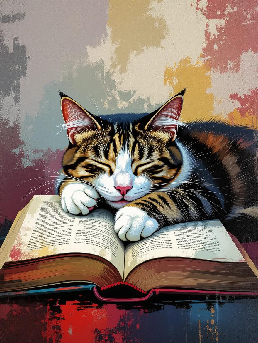 A masterpiece depicting a cat peacefully sleeping on an open book. The artwork features abstract texture painting with vibrant brush strokes and grunge overlays. The layout is symmetrical and aims for a cinematic composition in a surreal mixed media style. The colors are vivid, and the details are ultra-sharp, showcasing artistic influences from noted artists.