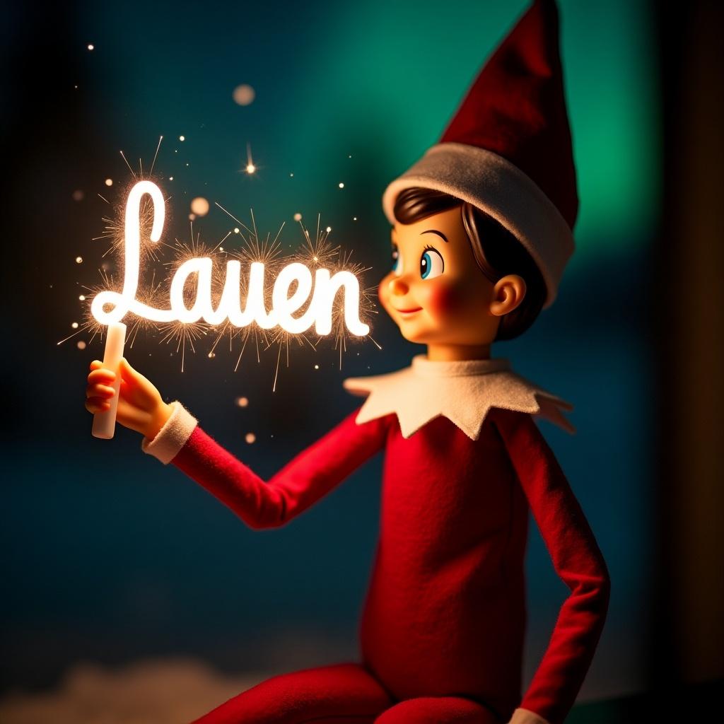 This image features an elf on the shelf character, dressed in traditional red and white attire. The elf is holding a glow stick that forms the name 'Lauen' in bright, soft light. The background is dark, which enhances the glowing effect of the text. It creates a warm, festive atmosphere, embodying the joy of the holiday season. The scene evokes feelings of magic and cheer associated with Christmas celebrations.