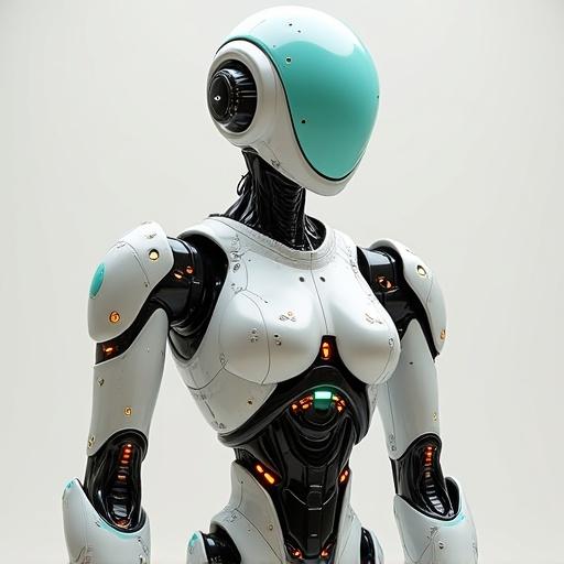 Futuristic robot design in colorful shades. Full-body view with arms extended outward. Front perspective against a white background.