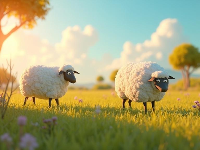 Image of whimsical sheep resembling Archimedean solids grazing in a vibrant pastoral scene. Scene is bright and colorful 3D digital art with cinematic lighting. Looking for stray sheep shaped like Archimedean solids.