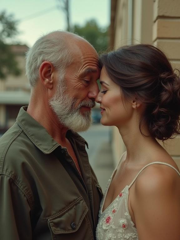 An older man and woman share an intimate moment standing close together on a city street. The woman wears an elegant dress while the man is casually dressed. The background is blurred, hinting at a gentle urban setting. The atmosphere is warm and personal.