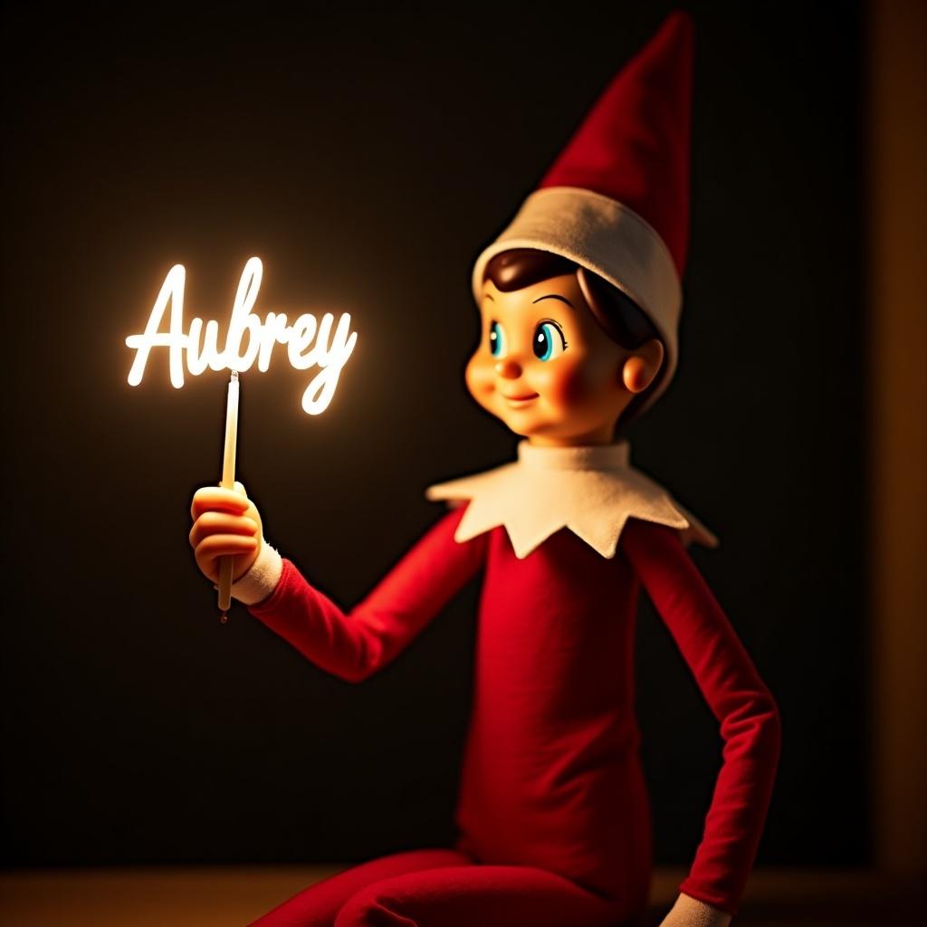 This image features an elf on the shelf character, dressed in traditional red and white attire. The elf is holding a glow stick that forms the name 'Aubrey' in bright, soft light. The background is dark, enhancing the glowing effect of the text. It creates a warm, festive atmosphere, embodying the joy of the holiday season. The scene evokes feelings of magic and cheer associated with Christmas celebrations.