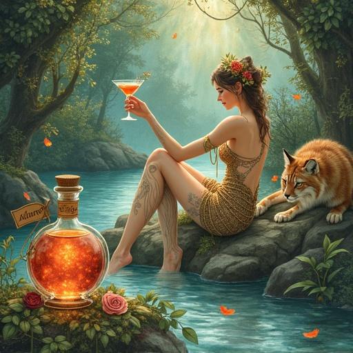 A breathtaking watercolor painting of a woodland goddess in a gown of woven leaves. She reclines in a hidden grotto. A glass of reddish elixir is raised in a toast. Lush foliage surrounds her along with a stream. A lower apothecary-style bottle filled with a shimmering liquid is on a mossy stone. The bottle glows with golden-reddish light. A cork lid is on top and a hang tag displays the name 'ALFRUNO'. A matching cocktail glass is beside the bottle. Roses and a sprig of rosemary add accents. A lynx watches the scene. The watercolor style resembles Alphonse Mucha and WLOP with gentle greens, blues, and golds creating tranquility.