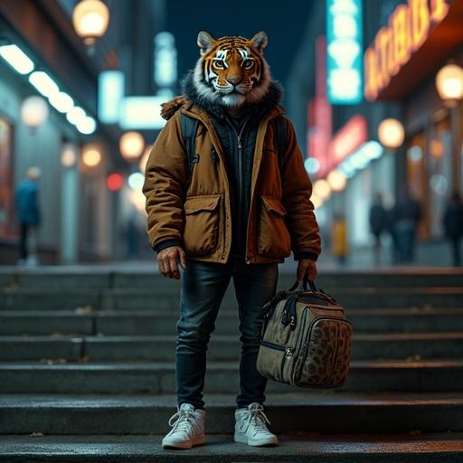 Anthropomorphic figure features tiger head. Wears dark brown flight jacket. White sneakers are present. COACH bag carried. Urban cyberpunk street backdrop enhances the scene. Night setting with wide depth of field. Stands on stairs. Artwork is hyper detailed and photorealistic.