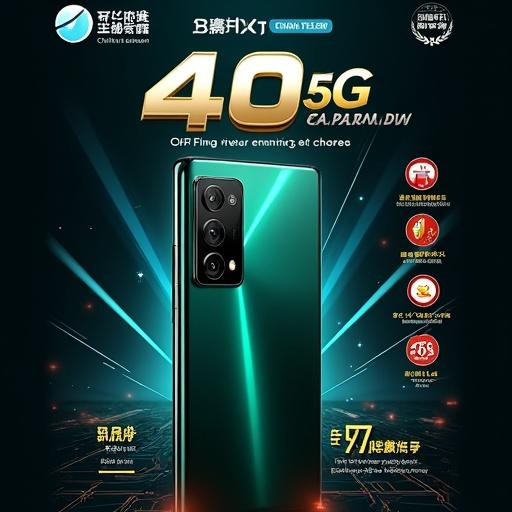 Tech product advertisement poster for a smartphone with dynamic layout. Logos at top-left in gold and blue. Center features a green and black smartphone with triple cameras. Title is bold white on dark background, price in smaller yellow text. Below phone, four icons with text highlight features like AI call assistance and battery life. Dark navy background with tech patterns and beams of light. Bottom-right shows three gift icons with promotional text. Include specifications for screen, camera, and slim profile.