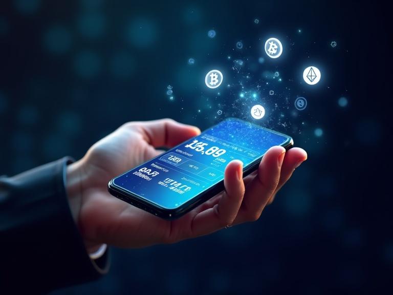 Hand holds futuristic transparent smartphone. Display shows real-time crypto balances. Floating Bitcoin, Ethereum, Solana icons orbit phone. Glowing blockchain background.
