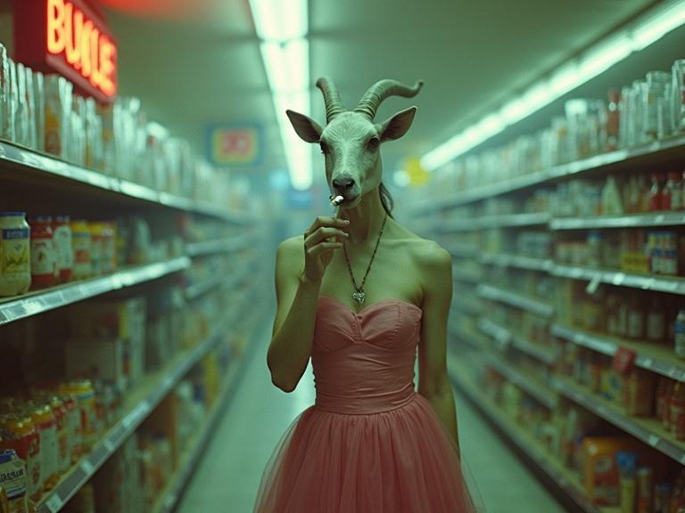 Goat-headed figure in a prom dress smoking inside a grocery store aisle. Harsh flash lighting highlights the eerie scene. 1980s analog film aesthetic with slight grain. Gritty texture and muted colors add to the surreal feel.