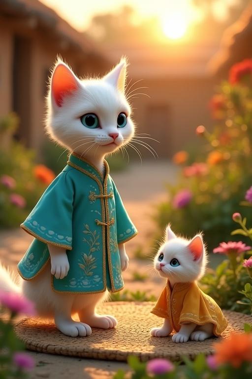 Cinematic scene featuring a white Chinese cat and a kitten in vibrant attire in a village courtyard. Captured in warm golden light with rich colors and wildflowers.
