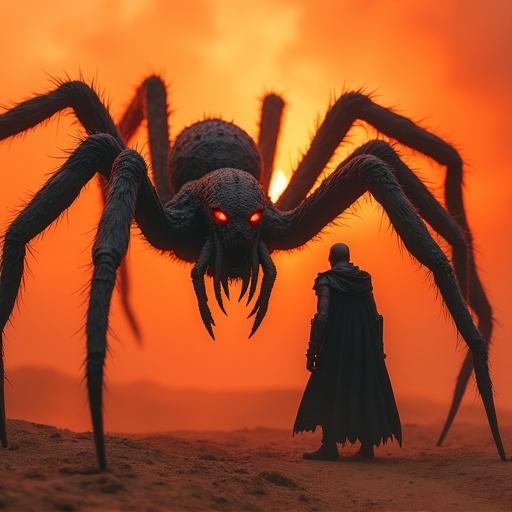 Cinematic dark fantasy battle scene spider monster with glowing red eyes black armored warrior dynamic perspective in fiery desert background studio lighting