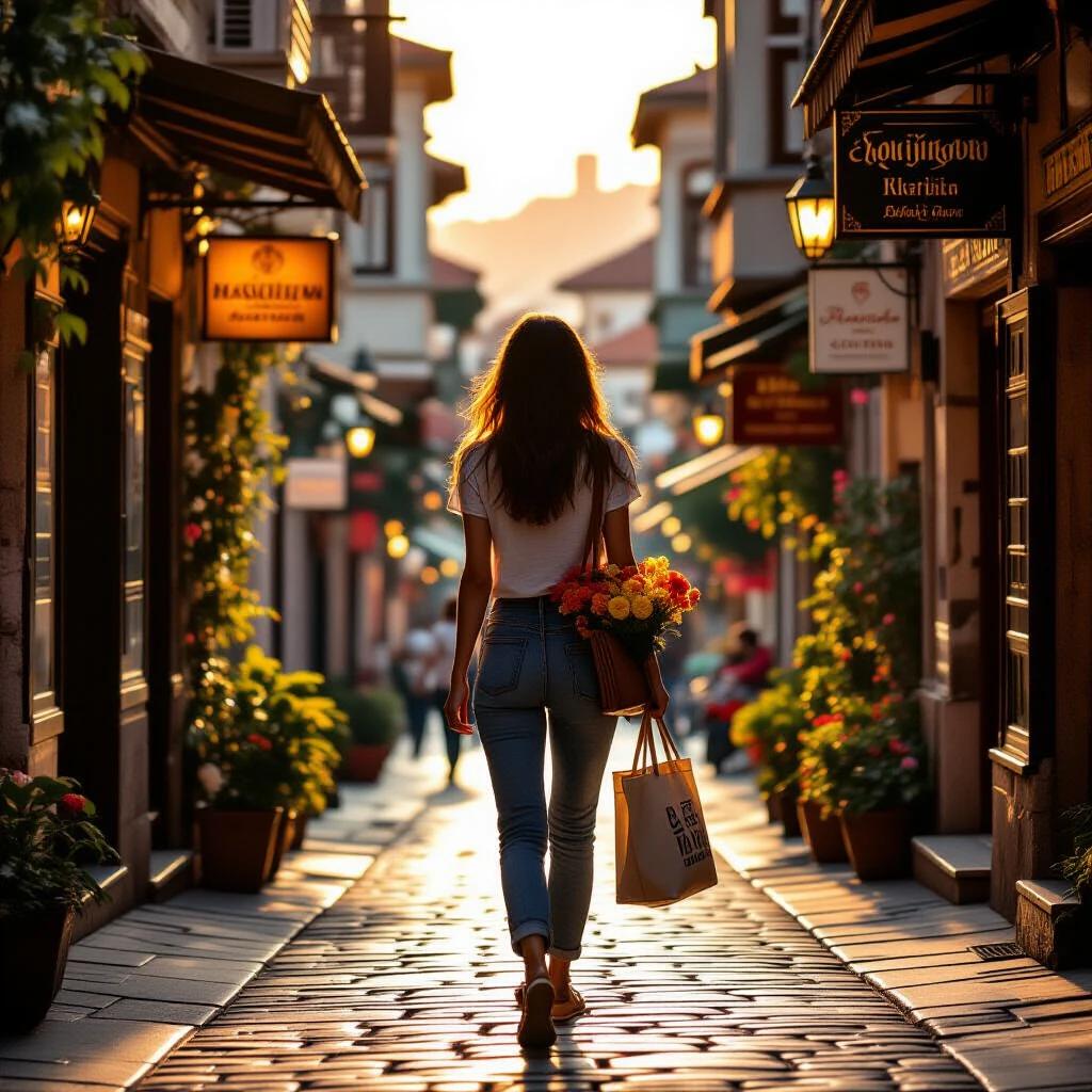 Hyper-realistic photo of a young woman walking down a narrow street in Istanbul during golden hour. She wears casual spring clothes, holds a tote bag with fresh flowers. Sunlight softens her hair. Old buildings cast long shadows. Sky shows orange and pink hues. Street has uneven cobblestones and traditional Turkish shop signs. Depth of field is shallow, focusing on lifelike texture and ambient light.