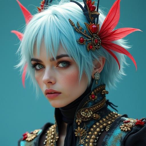 Fae Punk Fashion style with a character wearing vibrant colors and elaborate accessories. Background is a solid light color. Focus on unique hairstyle and costume details.