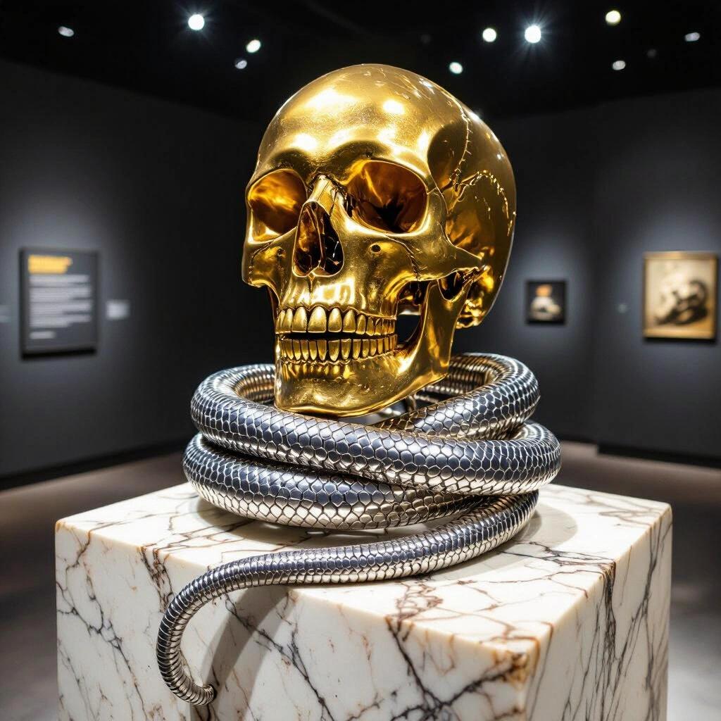Coiled snake made of chrome and wires wrapped around golden skull on cracked marble pedestal in dark museum room with spotlights casting shadows.