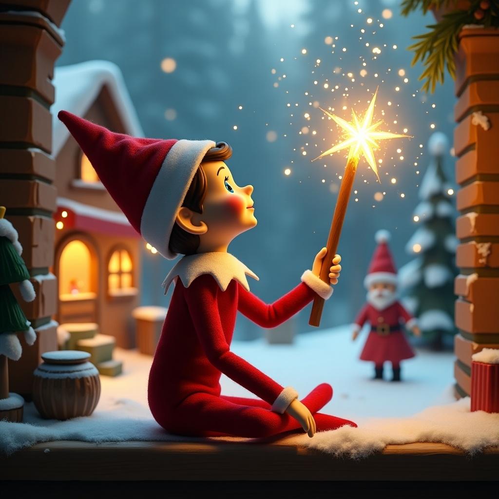 Elf on the shelf sits with its back to the viewer holding a glowing wand. Cozy toy shop in the distance. Snow covers the ground. Magic of Christmas embodied. Names appear in the air from wand.