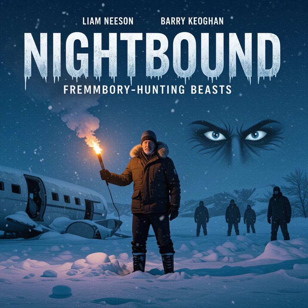 Neeson stands holding a flare near a downed plane. Eyes glint in the dark beyond him. Creatures form in snow flurries. A snowstorm encroaches from behind. The setting is an Arctic Circle crash zone.
