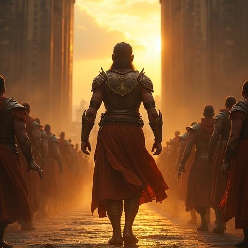 Tense atmosphere in a royal arena. A deafening sound echoes. The crowd falls silent. A young warrior enters, overwhelming presence. Armor shines like fire. Muscles ripple with power. Eyes steady, lips firm. Kauravas and Pandavas watch, stunned.