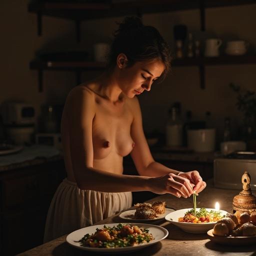 In a dimly lit kitchen, a young woman is preparing an offering meal. She plates food with careful attention. The focus is on her hands and the food details. The lighting is soft. The mood reflects quiet devotion and focused energy.