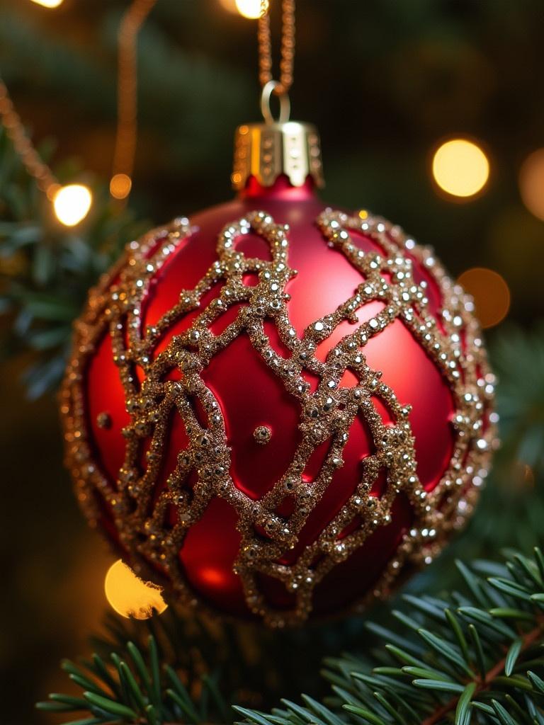 Close-up of a beautifully decorated red Christmas bauble. It features intricate gold patterns. The bauble hangs from a Christmas tree branch. Soft warm lights are blurred in the background.