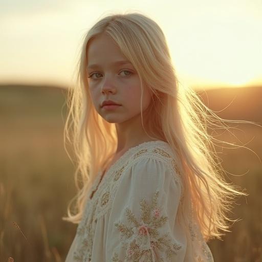 A girl with blonde hair stands in a softly lit landscape at dawn. The background glows with light shades of olive and silver. The scene embodies metamodern aesthetics. The unusual view captures the beauty of nature.