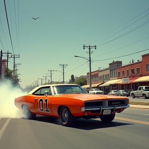 Vibrant action image capturing a 1969 Dodge Charger in high speed. Car known as 'General Lee' prominently features the number '01'. Scene set in Monterrey's Avenida Constitución. Surroundings include light dust with the Santa Catarina river nearby. Image evokes motion and adventure. Dynamic composition shows car possibly drifting or jumping. Other vehicles from the 70s add to the atmosphere. Majestic Cerro de la Silla visible in the background. Bright and saturated color palette with blue skies.