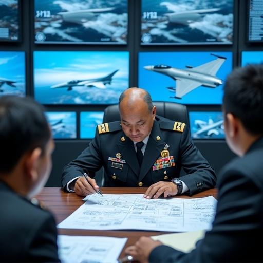 Indonesian Deputy Minister of Defense in military uniform seated in conference room studying fighter jet blueprints with military personnel and experts. Large screens in background show jet specifications and comparison charts.