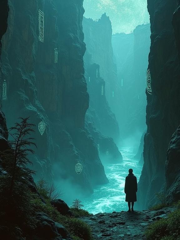 A lone figure stands at the edge of a vast canyon gazing into a swirling abyss. The canyon walls feature intricate glowing glyphs. Bioluminescent plants cling to the rocks emitting eerie light. The atmosphere is charged with energy.