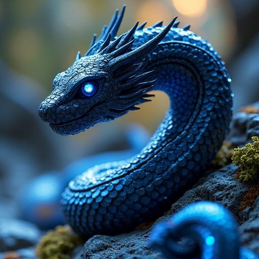 Futuristic digital sculpture of a robotic serpent with black metallic scales. Neon blue detailing enhances intricate textures and vibrant colors. The scene includes a variety of elements contributing to the atmosphere. Soft diffused natural lighting creates depth. The mood blends calmness and vibrancy, evoking serenity and wonder. Every detail is meticulously rendered, showcasing light and shadow contrast.