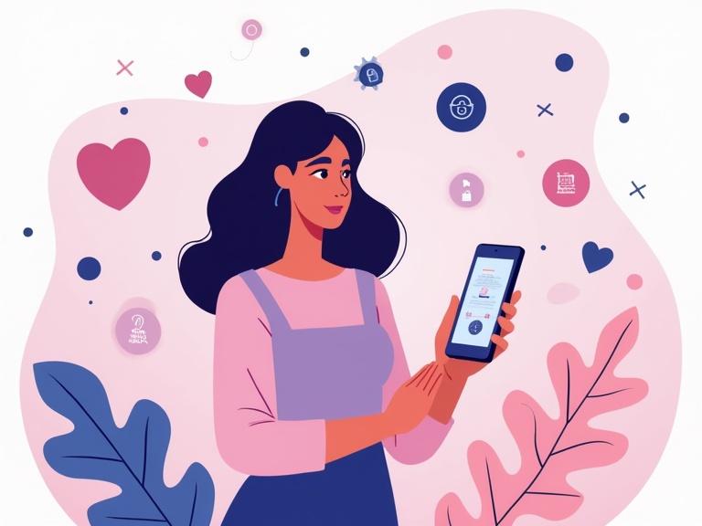 Abstract digital illustration showing a woman holding a smartphone with menstruation tracking app. Surrounding her are digital privacy symbols like shields and locks. Background features soft pinks and muted tech-inspired blues. The woman looks calm and confident. Clean, modern, empowering feel.