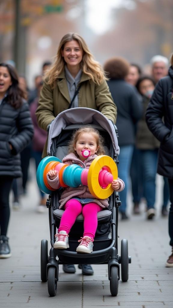 A mother walks with her daughter in a stroller among a lively crowd. The mother is casually dressed while the daughter, wearing pink leggings and a jacket, holds a big, colorful rattle. Both appear joyful. The environment is busy with smiling pedestrians. A mother also has a pacifier in her mouth, enhancing the playful family theme.