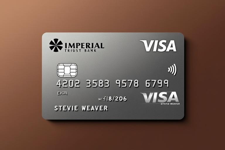 Realistic image of a credit card. Card displays Visa logo and Imperial Trust Bank. Card number visible. Name aligned well. Expiry date noted. Clean appearance with a brown background.